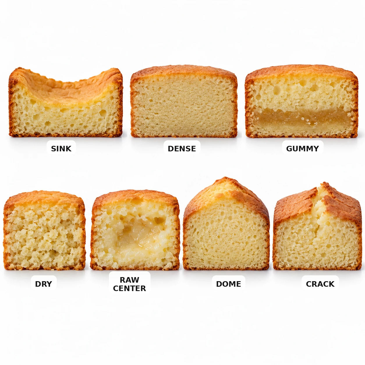 Diagnostic chart of seven cake cross-sections labeled sink, dense, gummy, dry, raw center, dome, and crack.