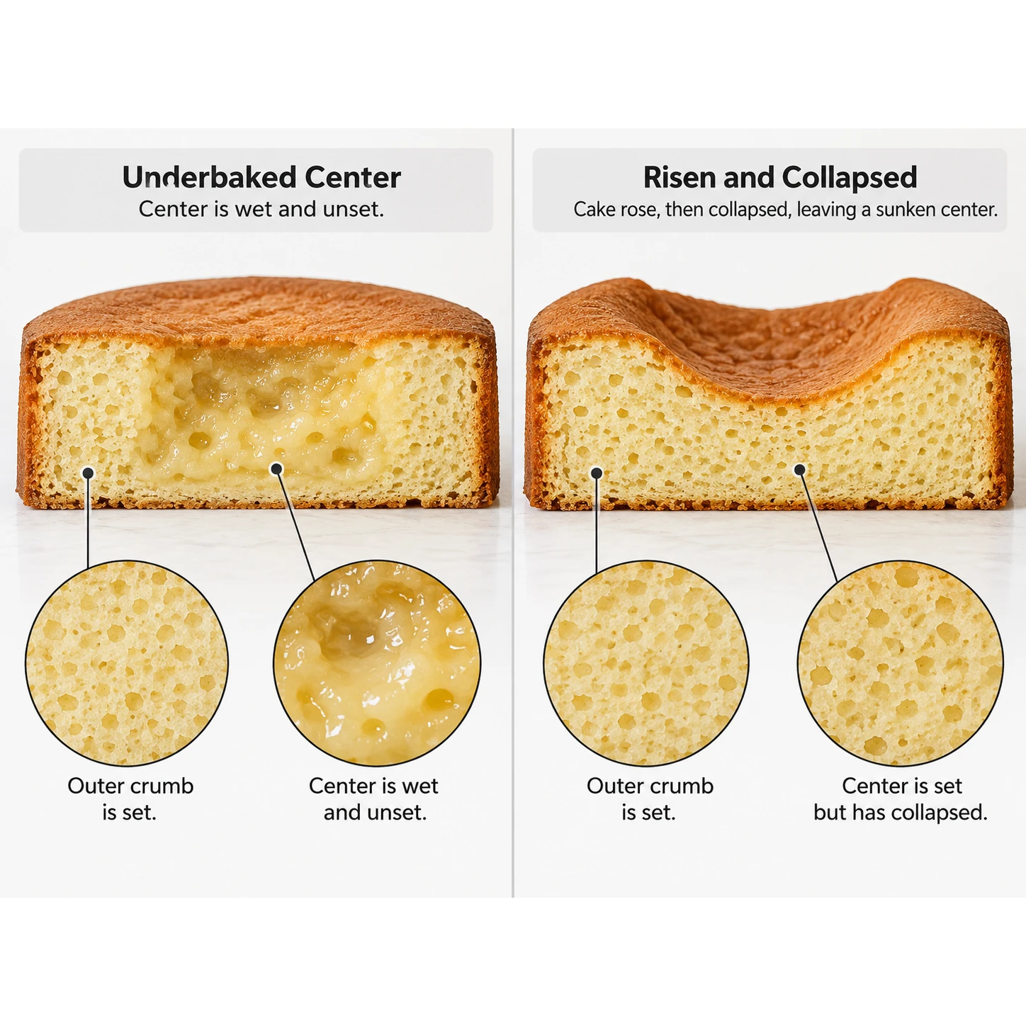 Two labeled cake diagrams comparing an underbaked wet center with a risen cake that later collapsed in the middle.