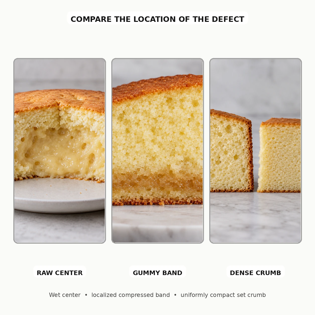 Three labeled cake cross-sections comparing a raw center, a gummy band, and a dense crumb.
