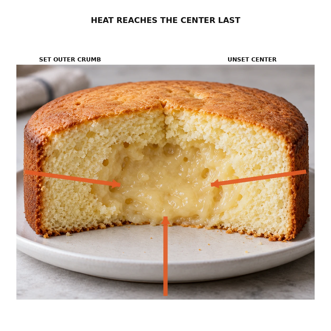 Cake cross-section diagram with arrows showing heat moving inward toward a still-unset center.