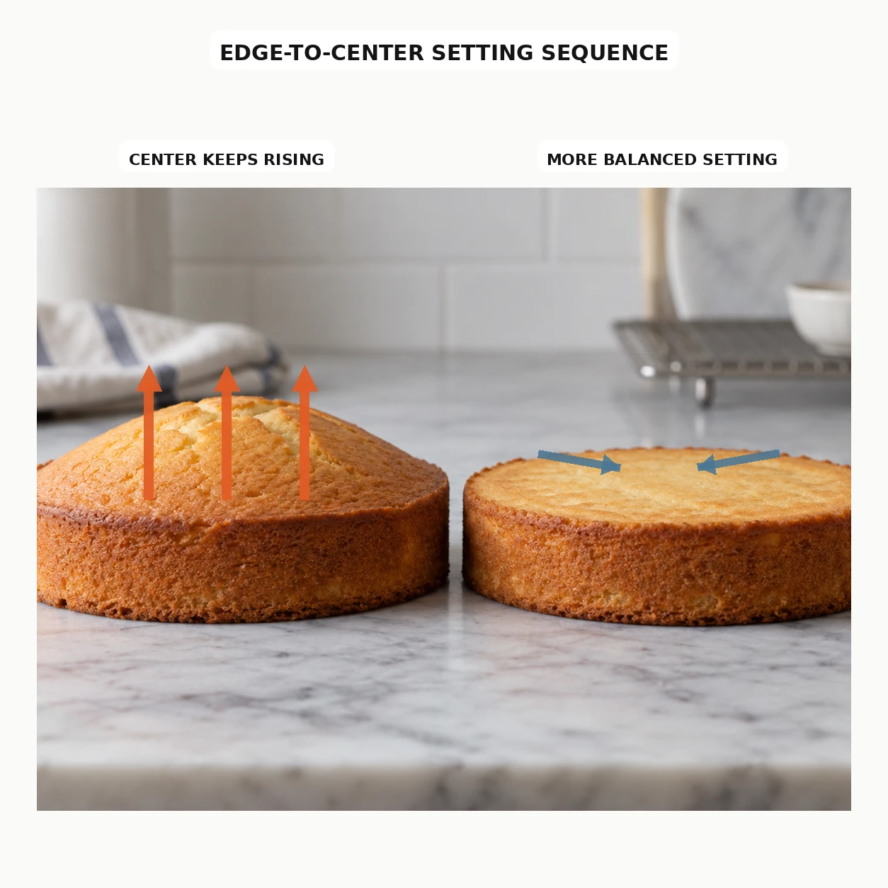 Side-view diagram comparing a cake whose center rises higher with a more evenly baked flatter cake.