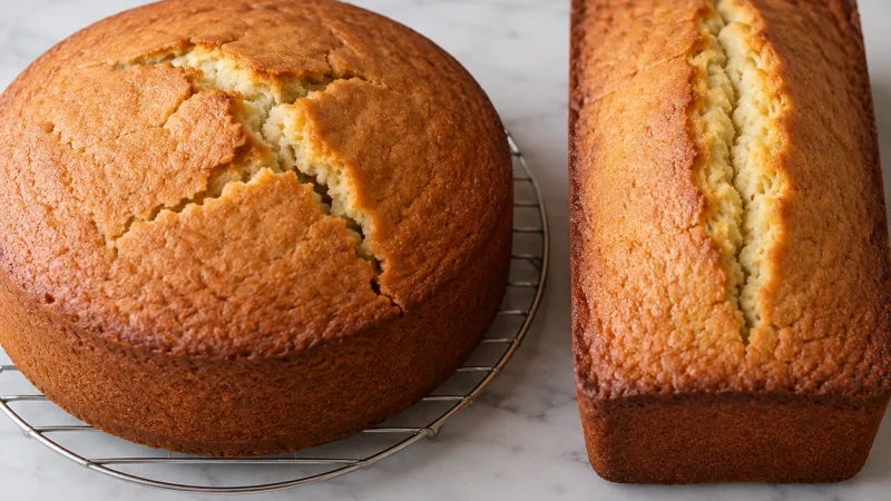 Round layer cake with an irregular top crack beside a loaf cake with a centered crack.