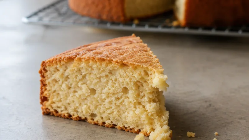 Crumbly vanilla sponge cake slice with a broken corner and loose crumbs on a kitchen counter