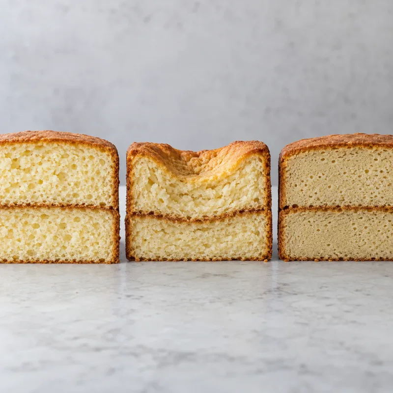 Three unfrosted vanilla cake cross-sections side by side showing a sunken center sample between a normal slice and a dense slice.