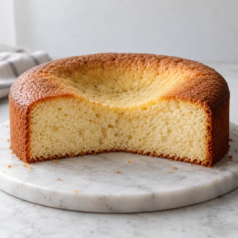 Round vanilla cake cross-section with a pronounced sunken center and higher edges on a marble board.