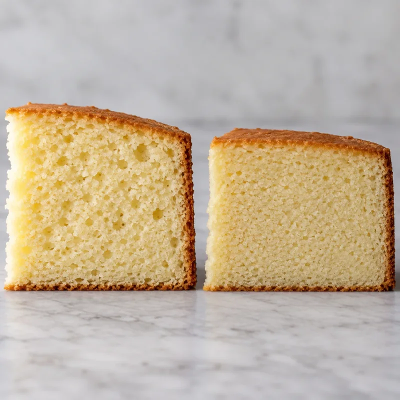 Two matching vanilla cake slices side by side comparing an airy crumb and a tighter dense crumb.