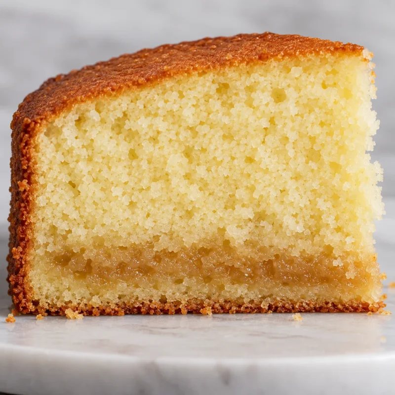 Vanilla cake slice with a darker compressed gummy band near the bottom beneath set crumb.