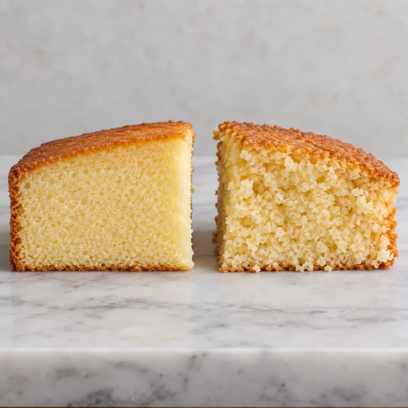 Two matching vanilla cake slices comparing a fine tender crumb with a drier coarse crumb.
