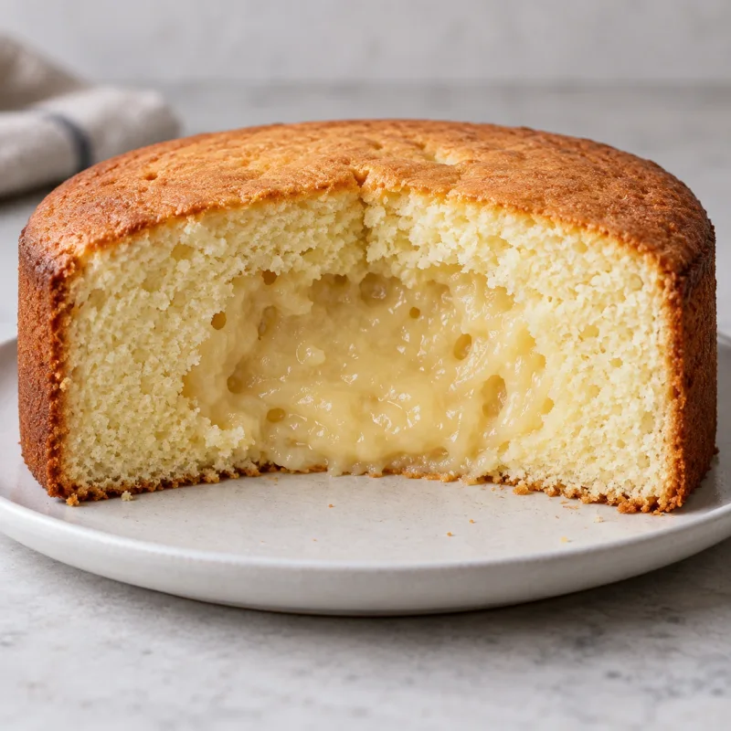Round vanilla cake cross-section with baked outer crumb and a wet unset center.