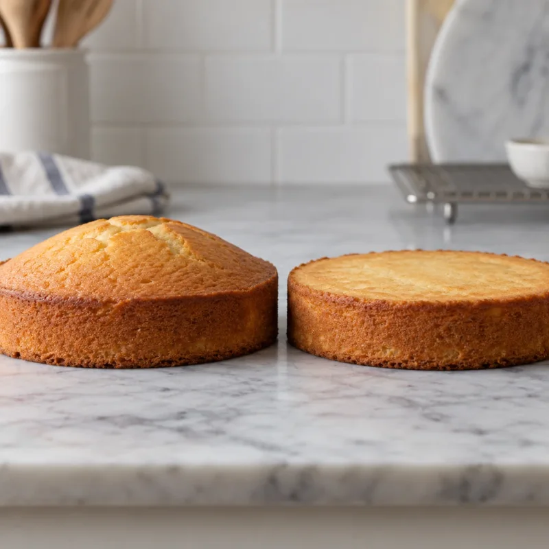 Two unfrosted round cakes side by side comparing a domed top and a flatter top.