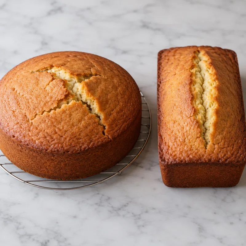 Round layer cake with an irregular top crack beside a loaf cake with a centered crack.