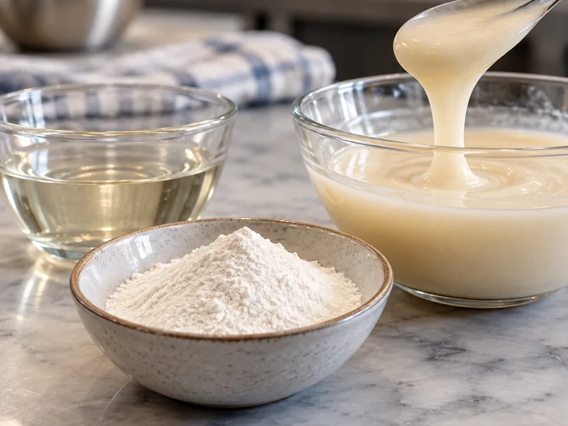 Xanthan gum powder beside a bowl of thickened sauce and clear liquid on a kitchen counter.